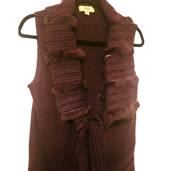 🔖Final Sale! Hendi Brown Asymmetrical Long Duster Sweater Vest with Fur Trim - Picture 10 of 16